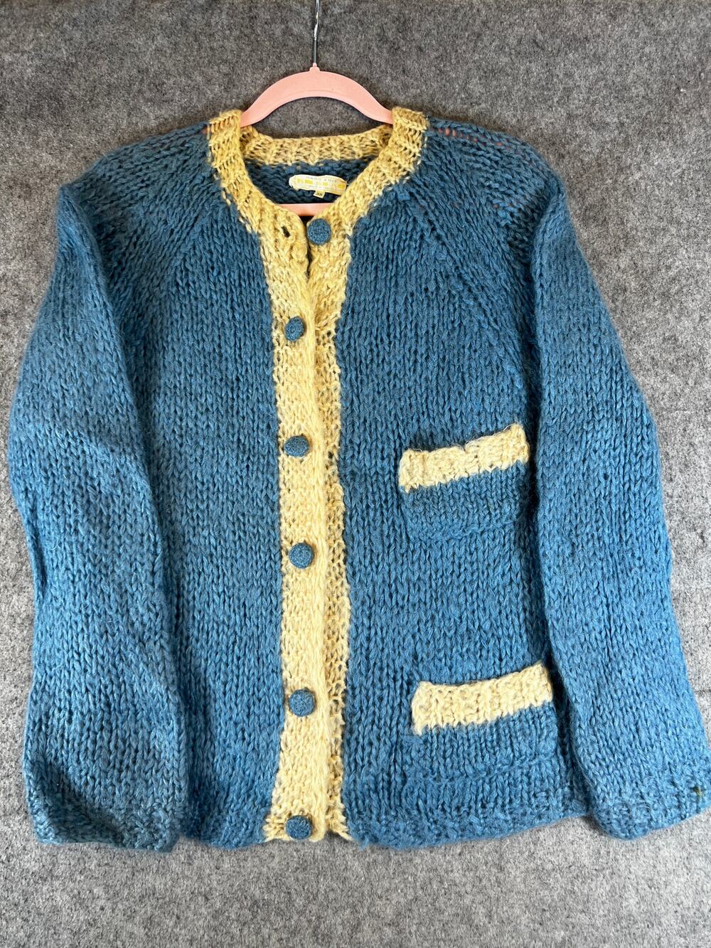 VTG 60s Chunky Cardigan Womens XS Blue Mohair Wool Italian Sweater Grandmacore